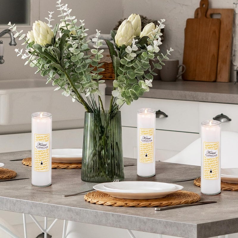 KONNI 2x8 Inch White Pillar Candles in Glass Set of 3, Devotional Prayer Candle, Unscented Religious Candles, 105 Hours Emergency Long Burning, Ideal for Memorials, Vigil, Blessing - Image 4